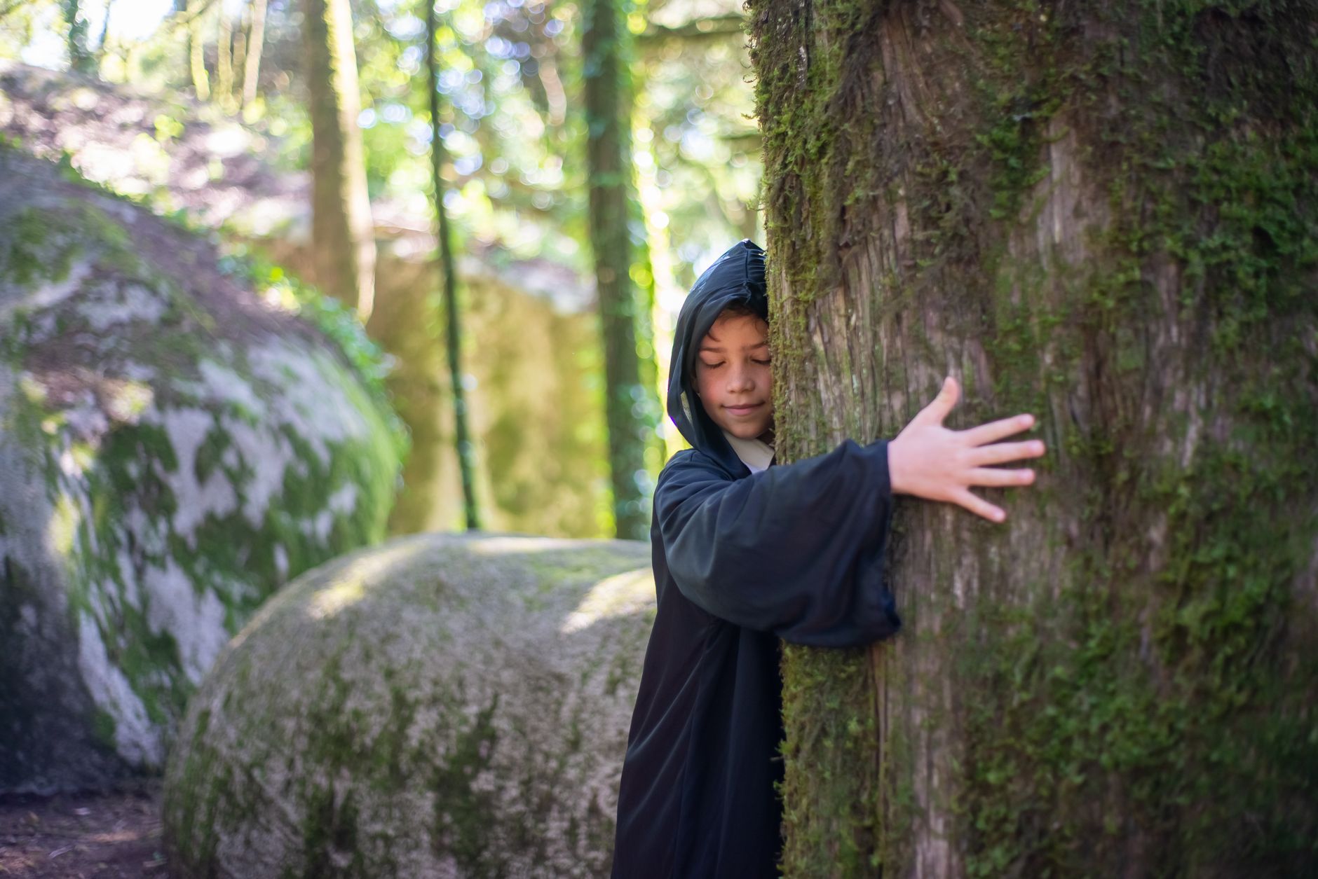 A boy in a costume hugs a mossy tree, embodying fantasy and nature in a sunlit forest.